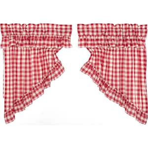 Annie Buffalo Check Ruffled 36 in. L Cotton Prairie Swag Valance in Red White Pair