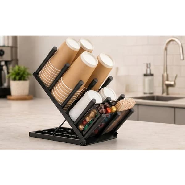 Coffee Cup and Lid Holder Organizer, Adjustable 8 Compartment Disposable Cup Dispenser with Straw Storage Basket