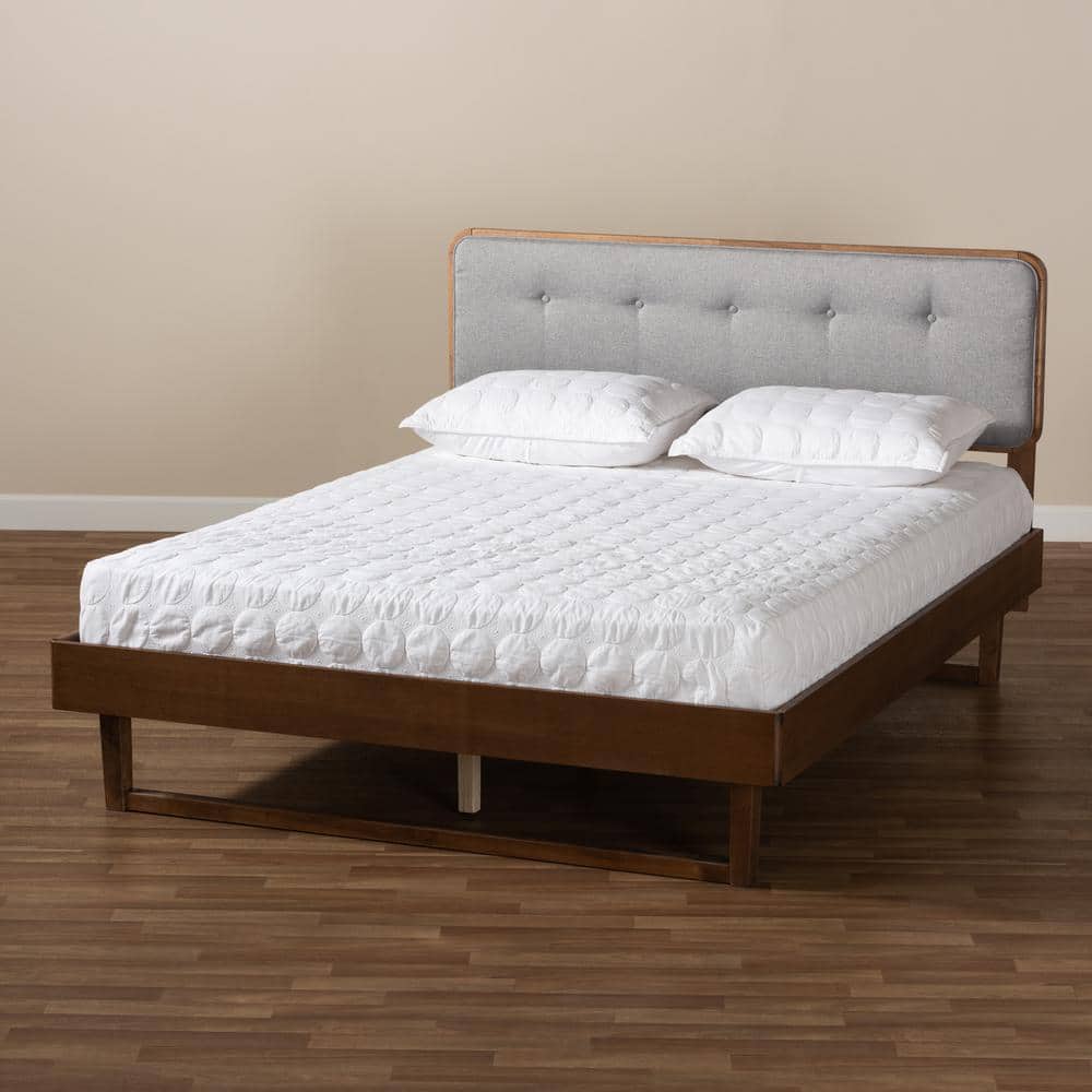 King Light Gray and Walnut Upholstered Platform Bed with Tufted Headboard