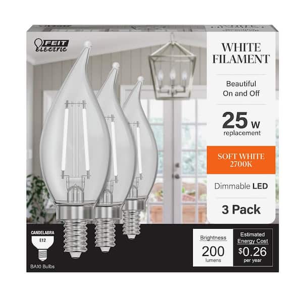 Feit Electric 25W Equivalent BA10 E12 Candelabra Dim White Filament Clear Glass Chandelier LED Light Bulb Soft White 2700K (3-Pack)