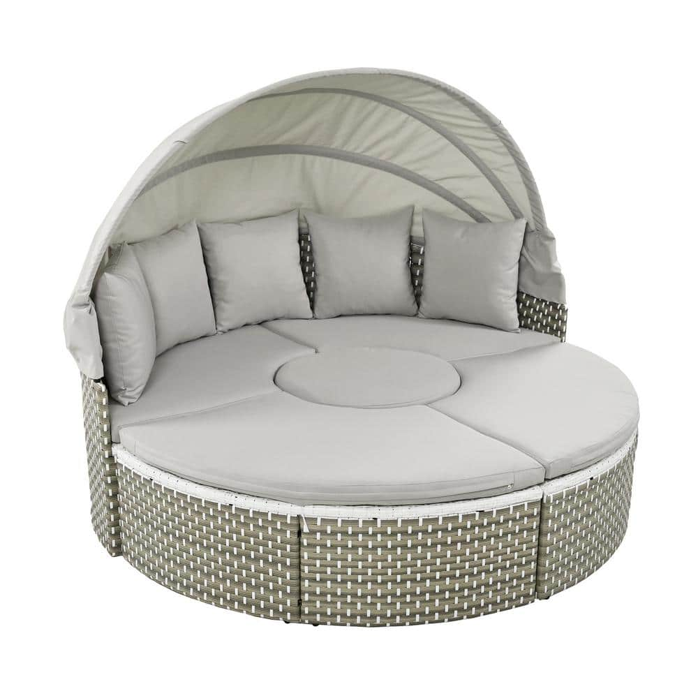 4-Piece Wicker Outdoor Day Bed Patio Round Sectional Sofa Set Sunbed with Retractable Canopy, Table, Gray Cushion -  URTR, HY03240Y