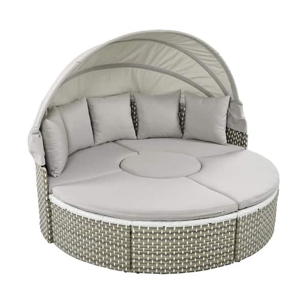 URTR 4-Piece Wicker Outdoor Day Bed Patio Round Sectional Sofa Set Sunbed with Retractable Canopy, Table, Gray Cushion
