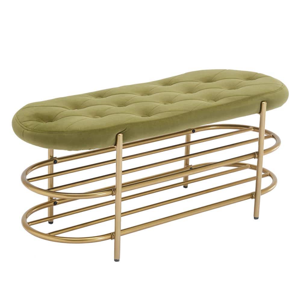 Olive Green Velvet Upholstered Bedroom Bench with 2-tier Shoe Shelf ...