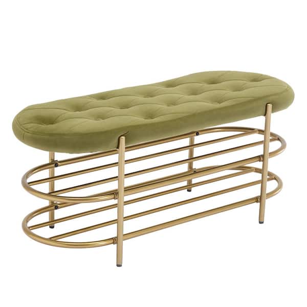 Unbranded Olive Green Velvet Upholstered Bedroom Bench with 2-tier Shoe Shelf Space-Saving Button Tufted Shoe Changing Stool