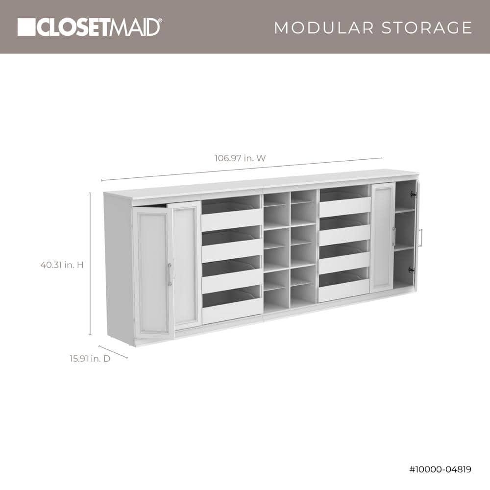 White Modular Storage System with Drawers and Shelves, 107" Wide