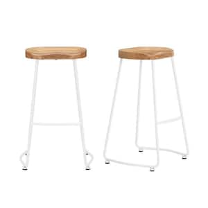 White Metal Backless Bar Stool with Wood Seat (Set of 2) (18.5 in. W x 29.52 in. H)