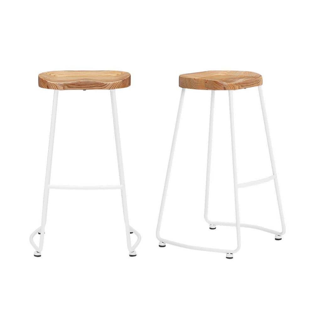 StyleWell Modern White Metal Backless Bar Stool with Wood Seat (Set of