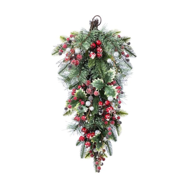 15 in. Red Pomegranate Berry and Holy Leaf Artificial Christmas Swag Teardrop