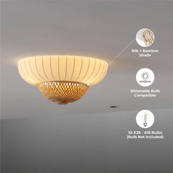 Hikari 20 in. 3-Light Natural Bamboo and White Flush Mount with Silk Fabric Shade Bedroom, Apartment, Foyer