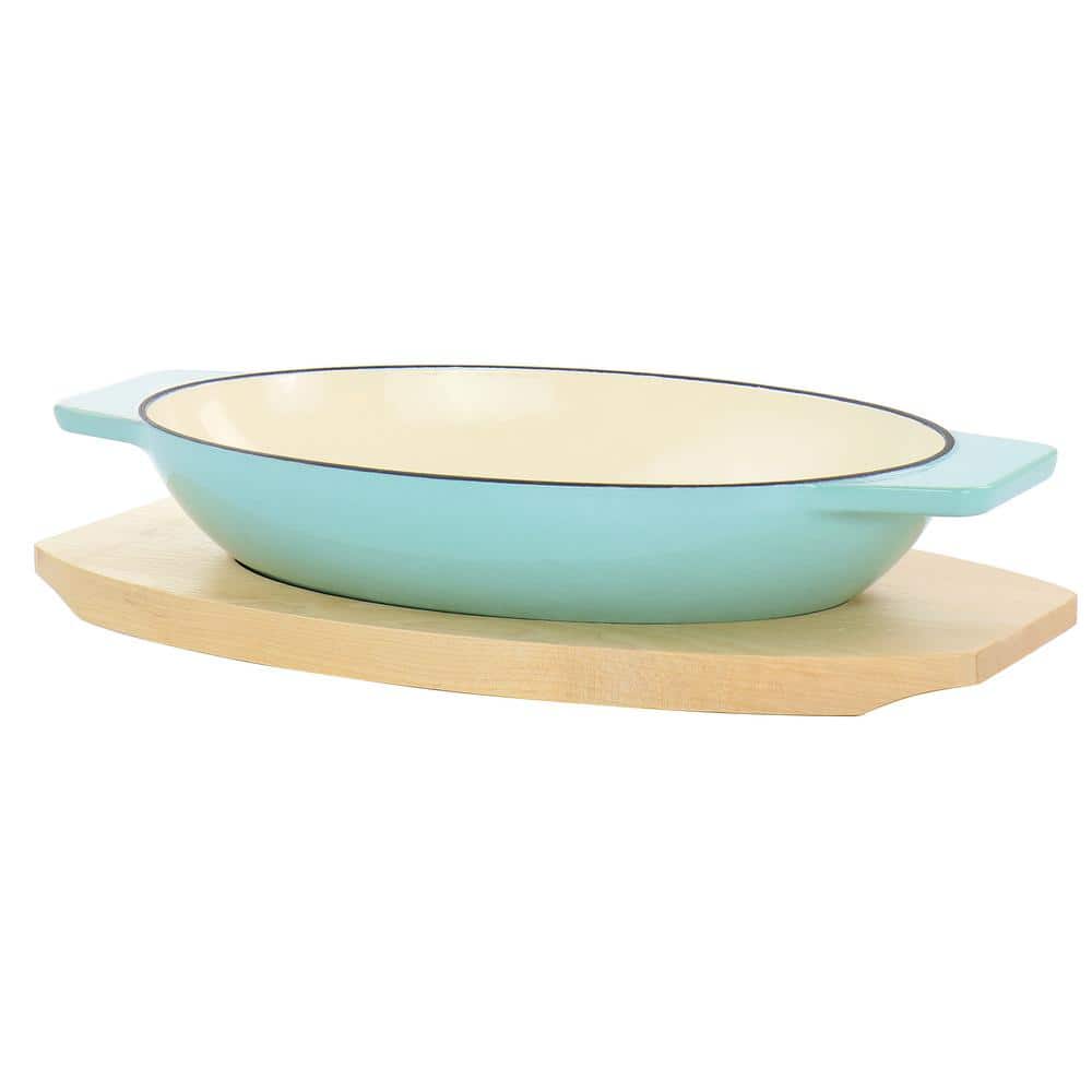 Oval Blue Cast Iron Casserole with Birch Wood Trivet