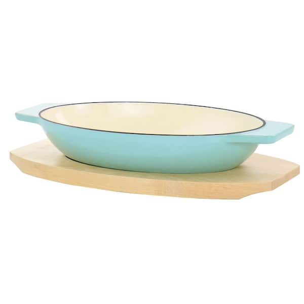 MARTHA STEWART 2-Piece Enameled Cast Iron Oval Casserole Birch Wood Trivet Set in Aqua