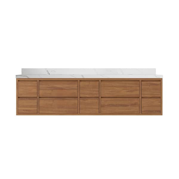 Willow Collections Madison Float 84 in. W x 22 in. D x 36 in. H Double Sink Bath Vanity in Dark Natural with 2" Calacatta Laza Top