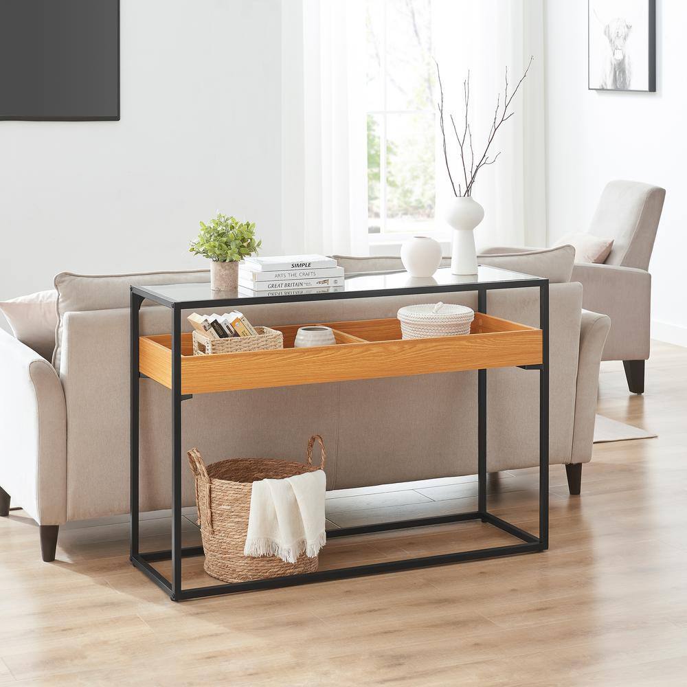 Golden Oak and Black Metal Console Table with Glass Top and Storage Shelf
