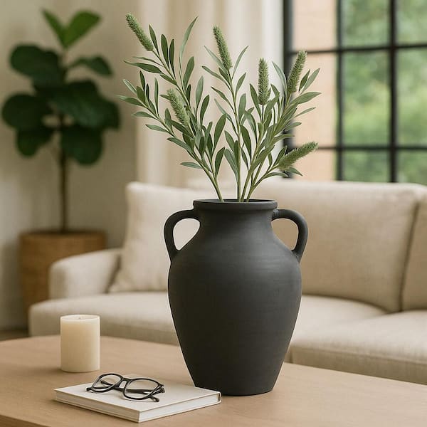 13 in. Black Terra Cotta Amphora Decorative Vase with Double Handles