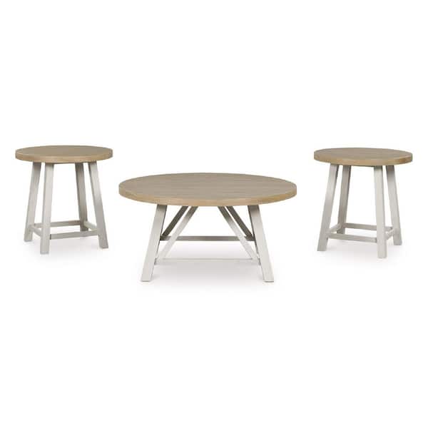 Signature DESIGN BY ASHLEY Fawndell 40 in. Brown and White Round Wood Coffee Table with 2 End Tables