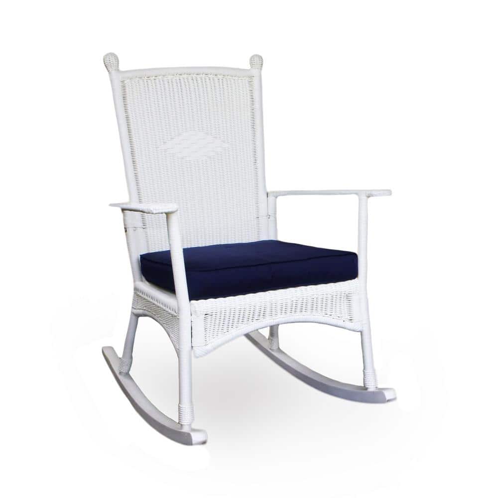 Portside Coastal White Wicker Rocking Chair with Navy Cushion