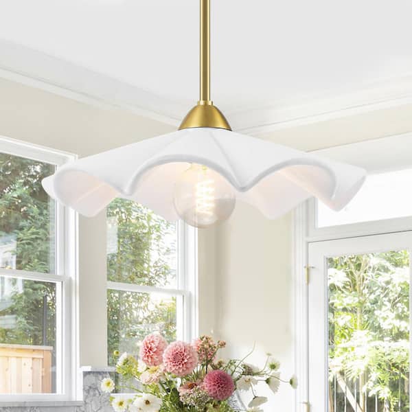 16 in. 1-Light Gold Island Pendant Light with White Flower Shape Ceramic Shade