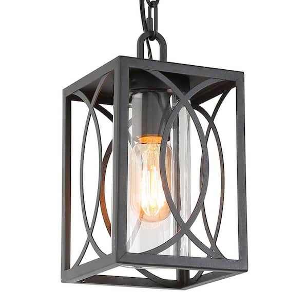 9.6 in. 1-Light Black Modern Farmhouse Cage Outdoor Pendant Light, Outdoor Hanging Lantern with Clear Glass Shade