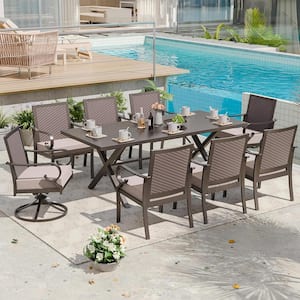 9-Piece Metal Outdoor Dining Set with Rattan Woven Backrest, Swivel Rocking Chairs, an Umbrella Hole and Sand Cushion