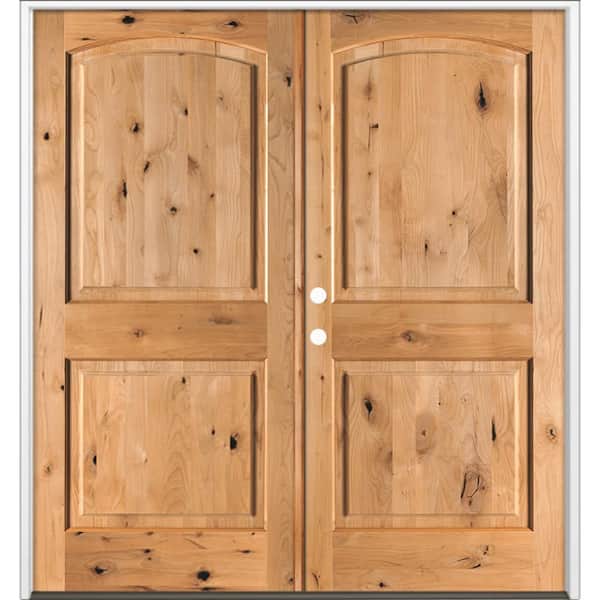 72 in. x 80 in. Rustic Knotty Alder 2-Panel Arch-Top Active Right Double BEHR Cedar Stain Wood Prehung Front Door