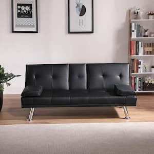 31 in. Wide Armless Faux Leather Mid-Century Modern Straight Sleeper Sofa in Black