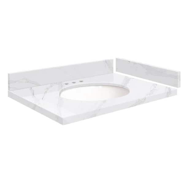 Transolid Silestone 28 in. W x 22.25 in. D Quartz White Round Single Sink Vanity Top in Calacatta Gold