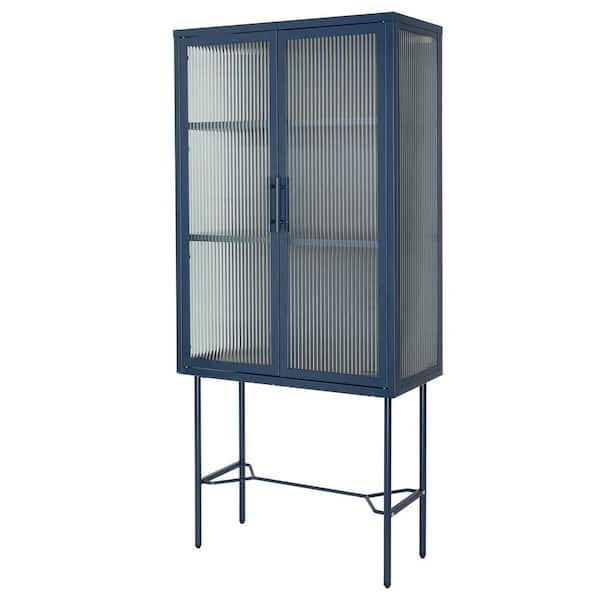 Unbranded 27.60 in. W x 12.68 in. D x 59.30 in. H Blue Linen Cabinet with 2 Tampered Glass Doors and Adjustable Shelves