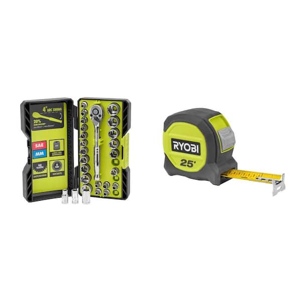 26-Piece 1/4 in. Drive Ratchet and Socket Set with 25 Ft. Compact Tape Measure