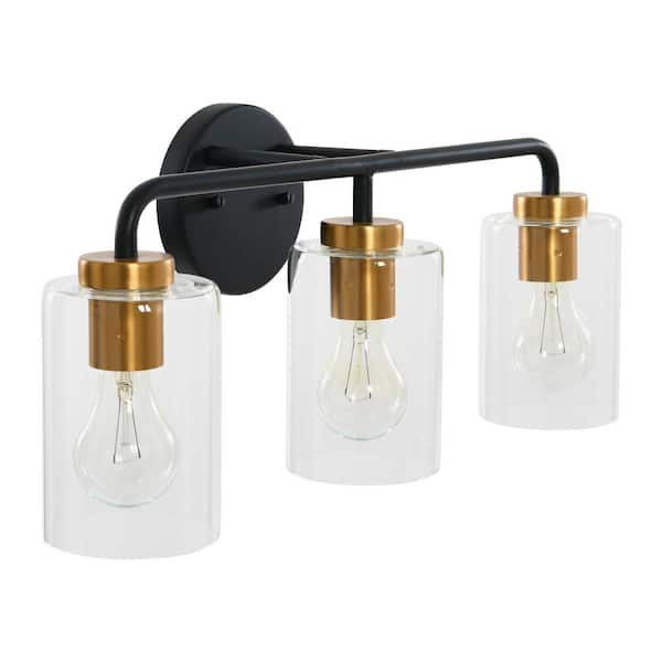 Robert Stevenson Lighting Kendrick - 3-Light Matte Black and Brushed Gold Metal and Glass Vanity Light
