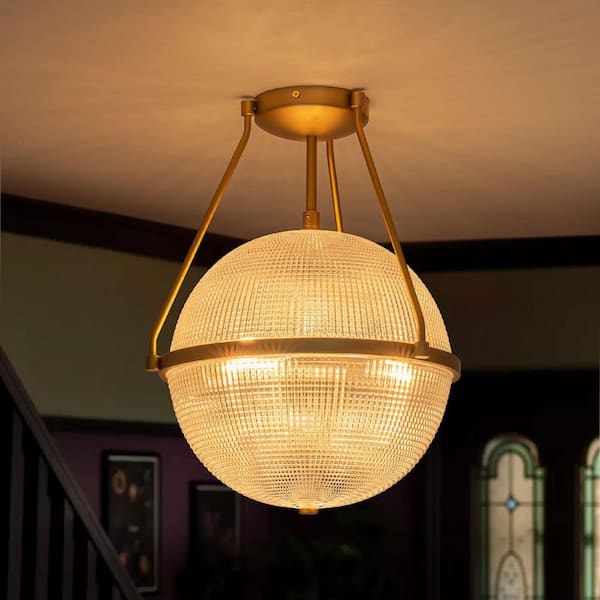 RRTYO Apsel 3-Light 13.7 in. Gold Modern Grid Textured Glass Globe Semi-Flush Mount Light for Dining Room
