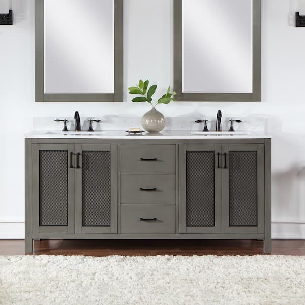 Altair Hadiya 72 in. W x 22 in. D x 34 in. H Bath Vanity in Gray Pine with Carrara White Composite Stone Top