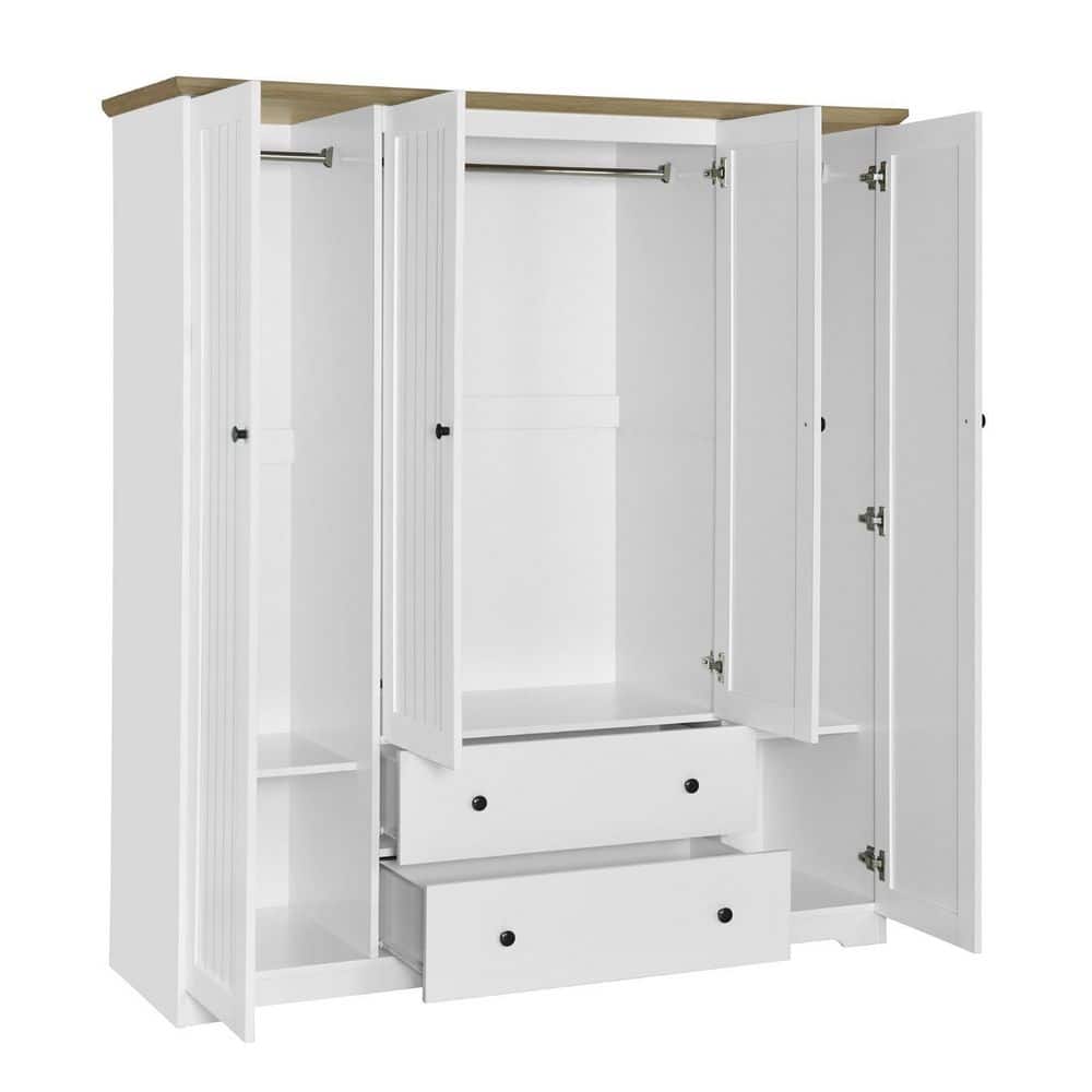White Solid Wood 60.6 in. Wardrobe with 4 Doors and 2 Drawers - thumbnail 9