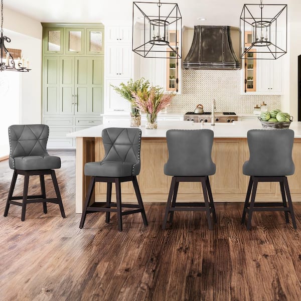 Hampton 26 in. Dark Gray Solid Wood Frame Counter Stool with Back Faux Leather Upholstered Swivel Bar Stool Set of 6