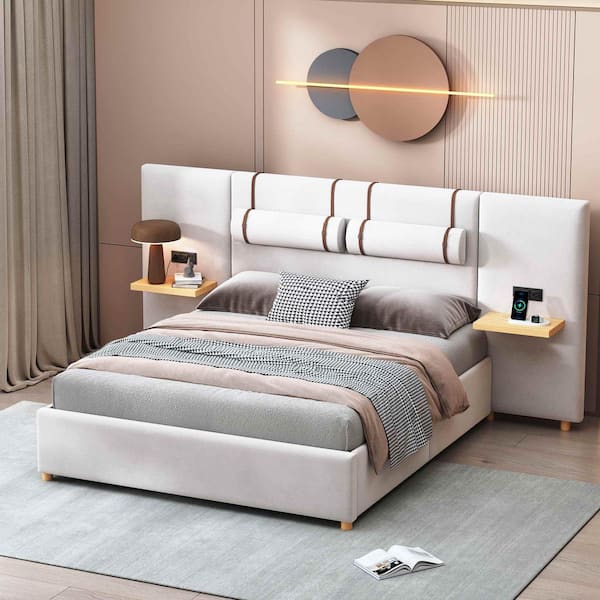 Beige Wood Frame Queen Size Platform Bed with Two Outlets, USB Charging Ports, Pillows, Storage Shelves