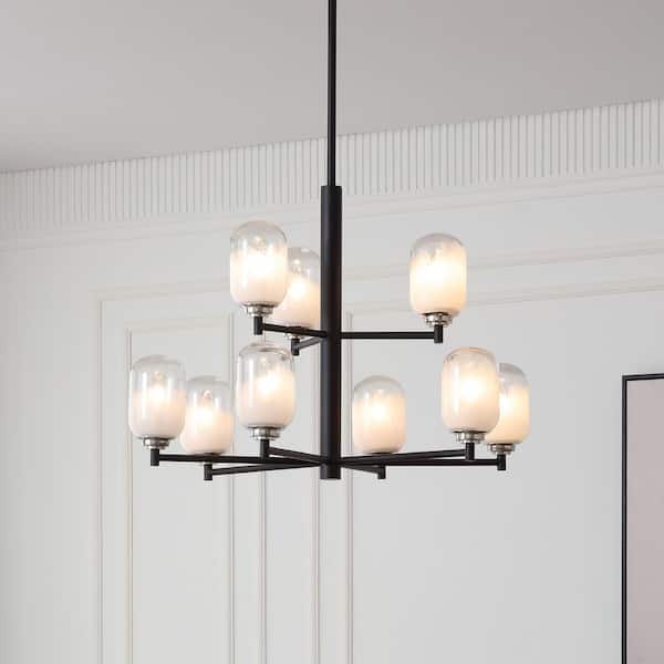 Seren 29 in. W 9-Light Matte Black Chandelier with Handmade Glass Shades-Modern Round Pendant Chandelier