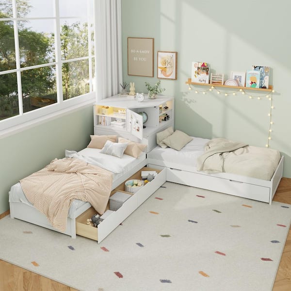 White Wood Frame Twin Size Platform Bed with Trundle and Drawer, Built-in Desk and Led Downlight