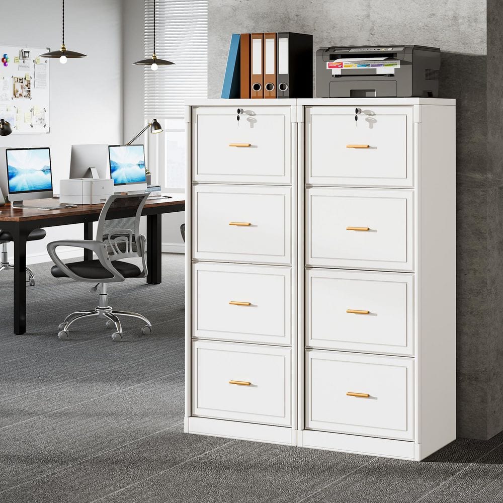 Atencio 4-Drawer White 2Pcs Wood 23 in. W Vertical Simple Modern Industrial File Cabinet Printer Stand Pedestal Set of 2