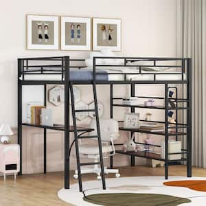 Black Metal Full Size Twin Size Loft Bed with 3-Tier Shelves and Wood Desk, Whiteboard, Inclined Ladder
