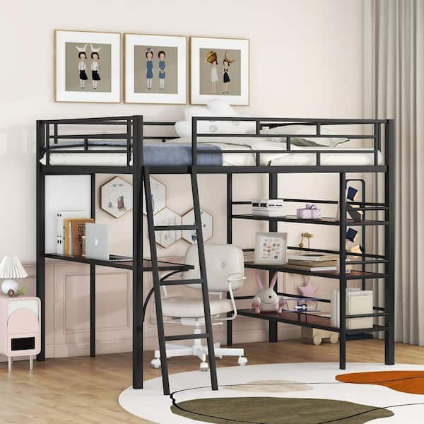 Harper & Bright Designs Black Metal Full Size Twin Size Loft Bed with 3 ...