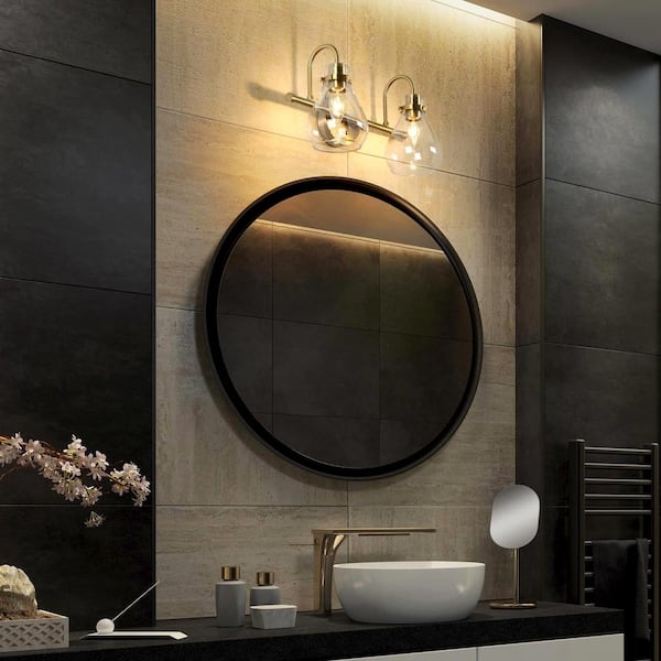 Transitional Teardrop Bathroom Vanity Light 2-Light Plating Brass Bell Powder Room Wall Light with Clear Glass Shades