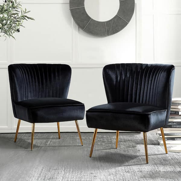 JAYDEN CREATION Monica Modern Black Velvet Comfy Living Room Side Chair with Golden Metal Legs (Set of 2)