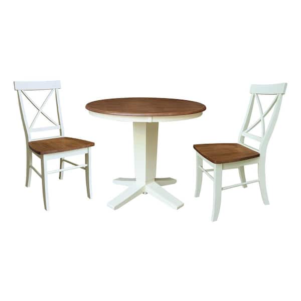 International Concepts Aria Set Hickory/Shell 36 in Round Solid Wood Top Pedestal Base Dining Table 3-Piece Set with 2 X-Back Chairs, Seats 2