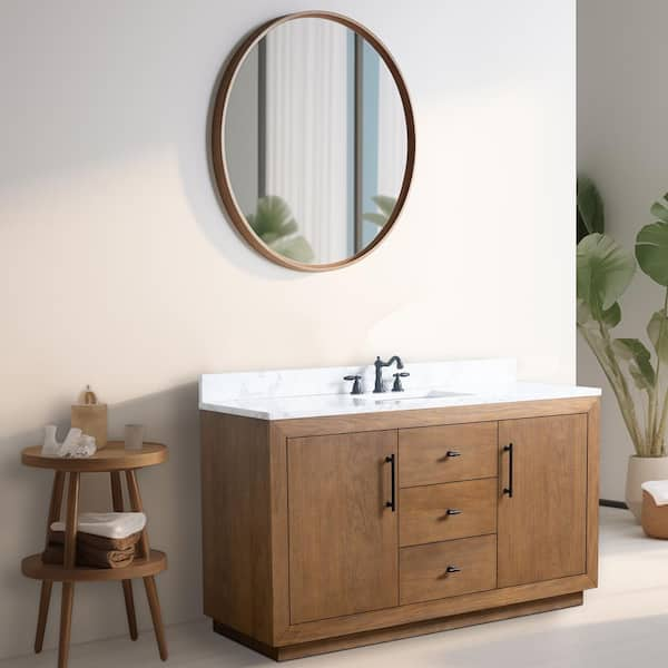 60 in. W x 22 in. D x 38 in. H Single Sink Bathroom Vanity in Tan with Arabescato White Engineered Marble Top