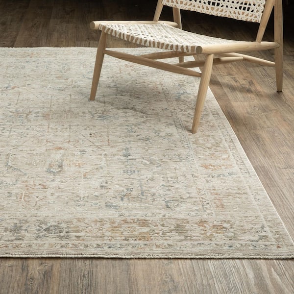 Ansley Beige/Blue 10 ft. x 13 ft. Oriental Distressed Medallion Polyester Fringe-Edge Indoor Area Rug