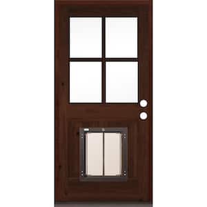32 in. x 80 in. Knotty Alder Left-Hand/Inswing 4-Lite Clear Glass Red Mahogany Stain Wood Prehung Front Door w/Dog Door