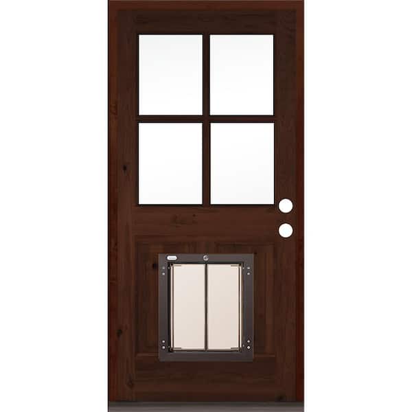 Krosswood Doors 32 in. x 80 in. Knotty Alder Left-Hand/Inswing 4-Lite Clear Glass Red Mahogany Stain Wood Prehung Front Door w/Dog Door