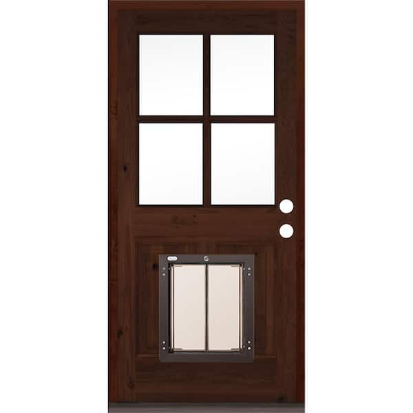 Krosswood Doors 36 in. x 80 in. Left Hand 4-Lite Clear Glass Red Mahogany Stained Wood Prehung Door with Large Dog Door