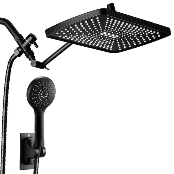 5-Spray 11.8 in. Rectangle Wall Mounted Dual Fixed and Handheld Shower Head 1.6 GPM in Matte Black