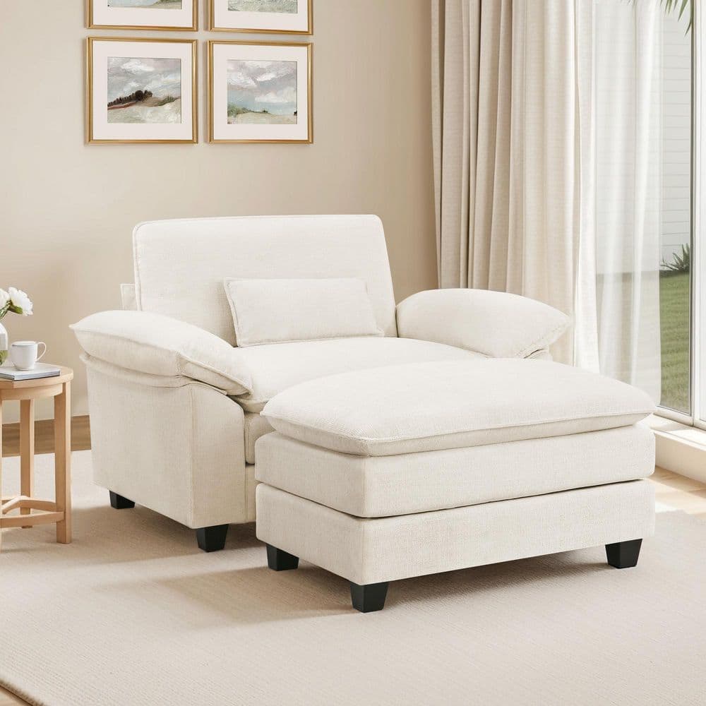 52 in. W 2-Piece Pillow Top Arm Beige Chenille Upholstery Accent Arm Chair 3-Layer Cushion Rectangle with Ottoman price history on PriceWatchPro