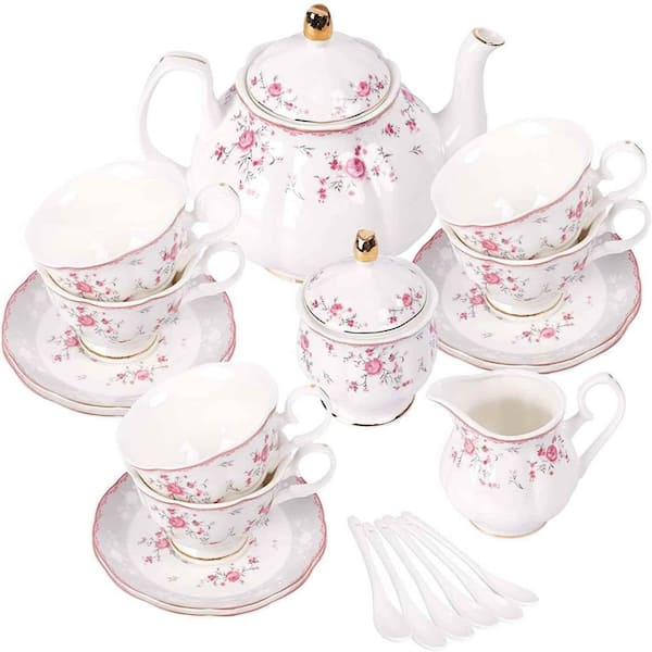 Vintage Floral 6-Cup Porcelain Tea Set in Pink Rose, Teapot Service with Cups, Saucers, Spoons, Sugar Bowl and Milk Jug